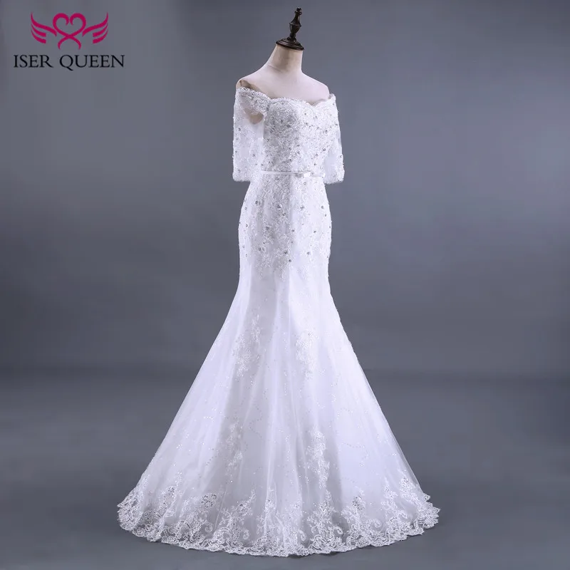 الزنانير المخصصة مع القوس نصف كم حورية البحر فساتين الزفاف الدانتيل يزين حجم كبير فستان الزفاف النساء WX0084 #4