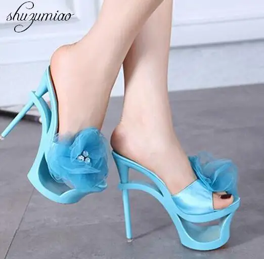 Strange Heels Platforms  2019 New Women Shoes Sandals and Slippers Blue Satin Chiffon Floral Diamond Waterproof Profiled Shoes