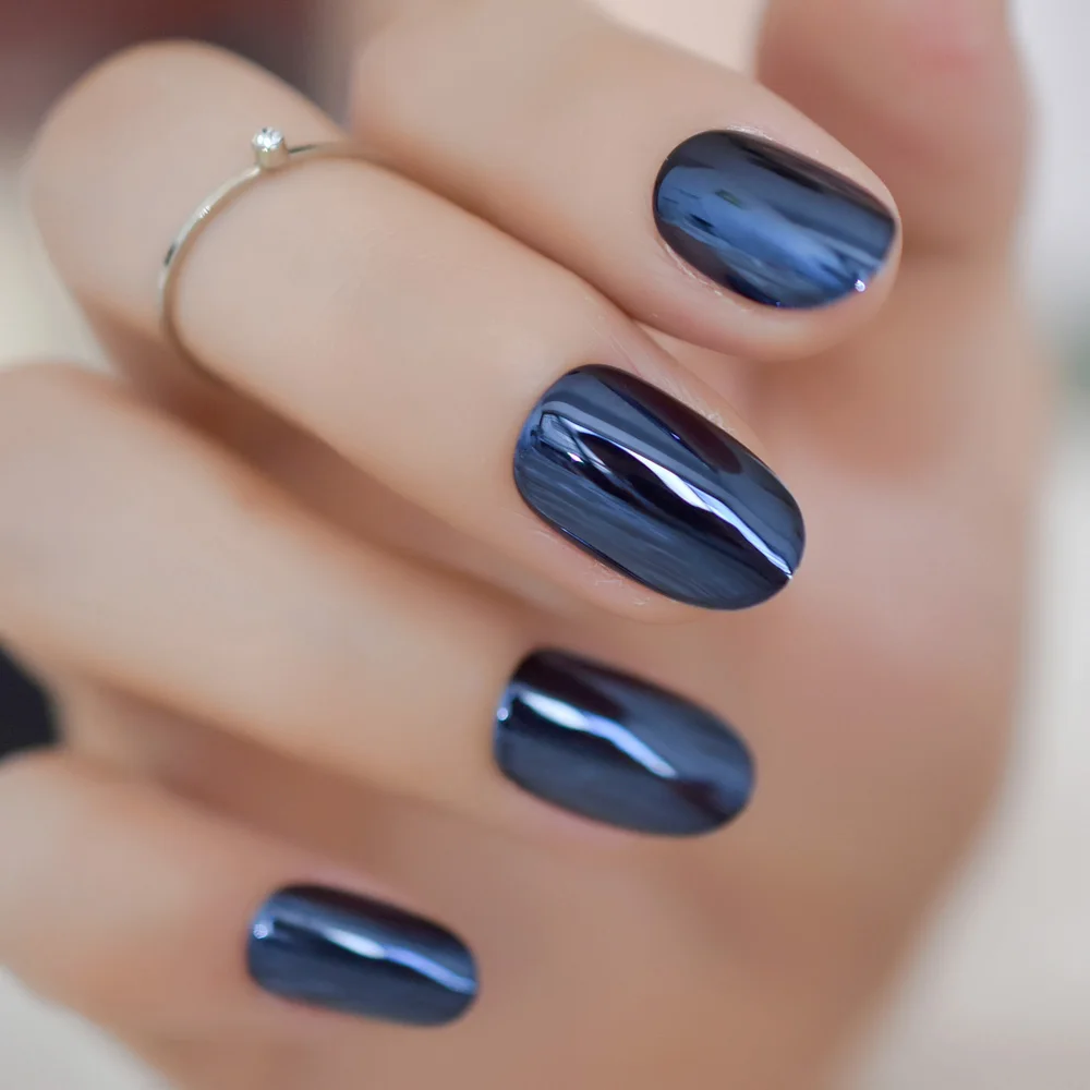 Metallic Spiegel Heldere Blauw Grijs Valse Nail Mix Blauw Metalen Ovale Ronde Nep Nagels Manicure Volledige Nails Art Tips