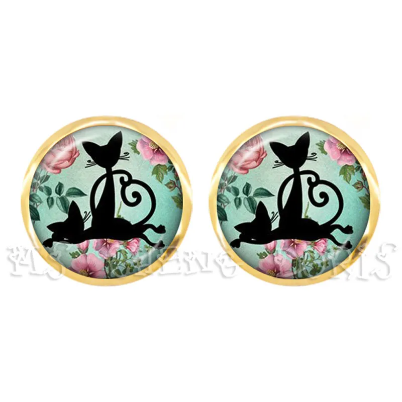 New Multiple Color Classic Fashion 12 MM Glass Cabochon Kitten Animal Jewelry Cute Cat Stud Earrings For Women Girls