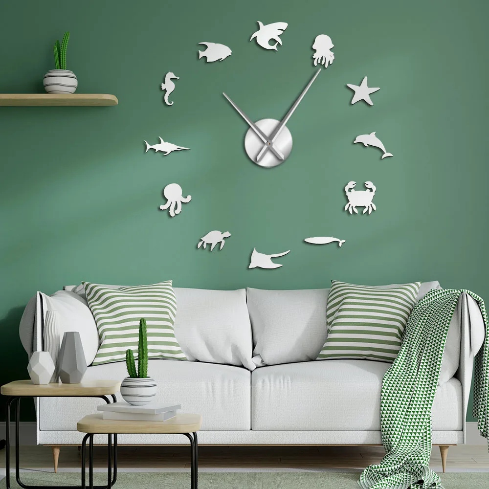 

Aquatic Animals Wall Art 3D Mirror Stickers DIY Giant Wall Clock Undersea Kid Room Nursery Wall Decor Sea Life Frameless Watch