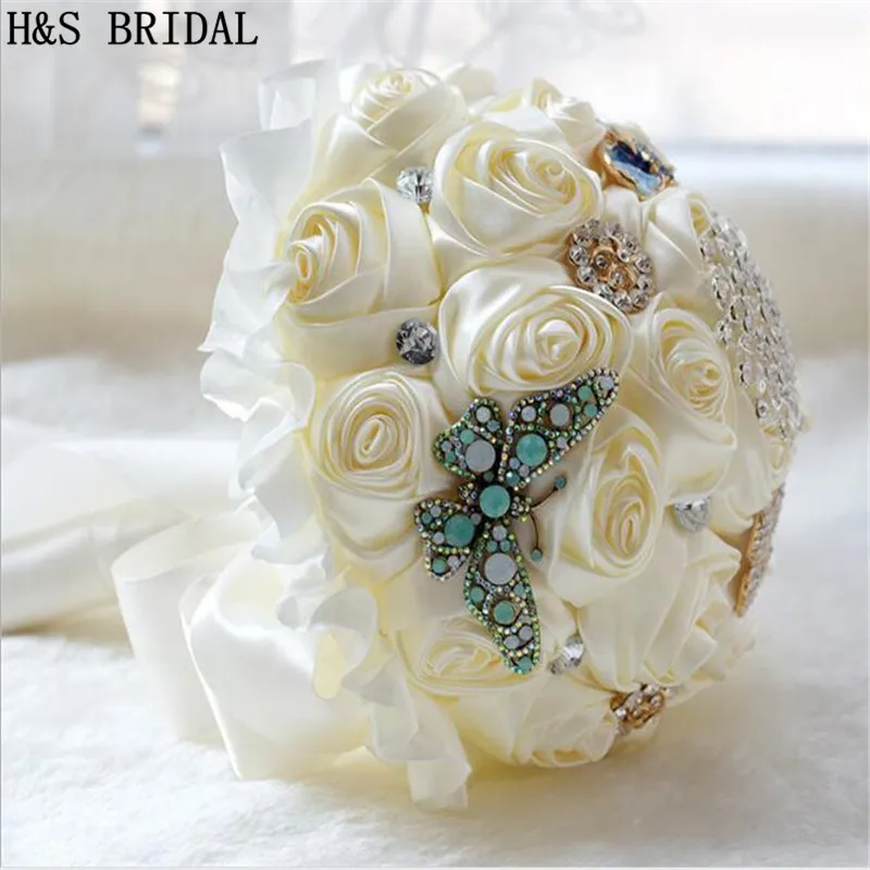 Ivory Hand Made With Butterfly Bridal bouquet de mariage Decorative Artificial Rhinestone Bridesmaid Crystal Wedding Bouquet