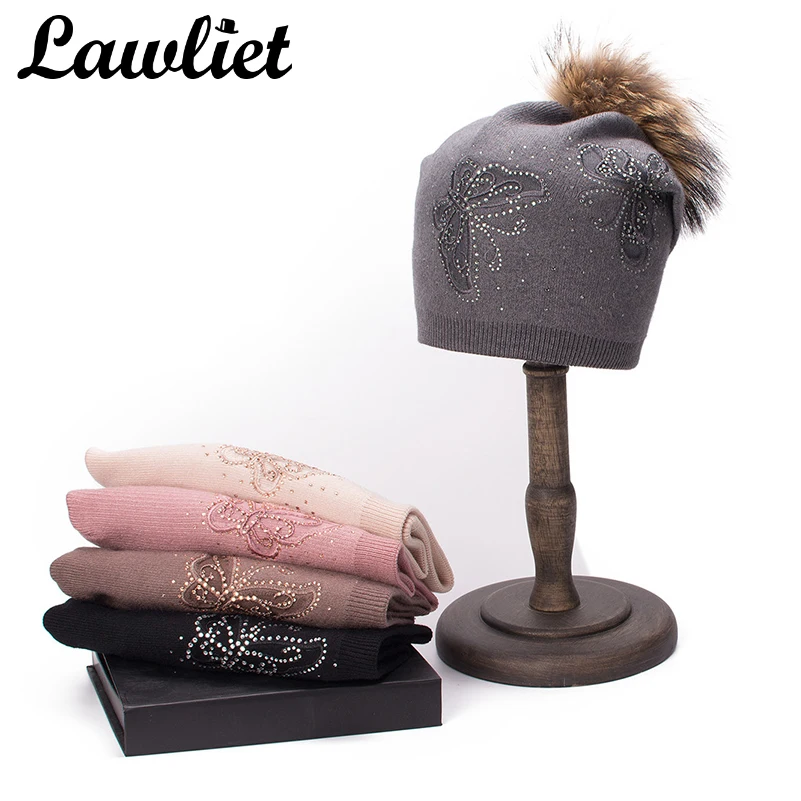 

Lawliet Women Winter Real Fur Pom Hat Butterfly Rhinestone Cashmere Wool Beanies Lady Double Layer Knitted Hat Bonnet A480