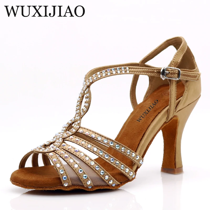 

WUXIJIAO Latin dance shoes Women Flash Satin brown wide thin high heel 9cm Salsa Performance Ballroom dancing shoes