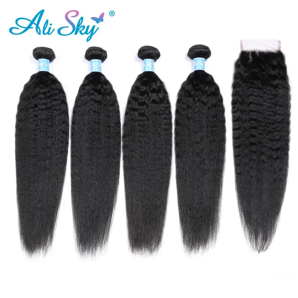 AliSky Hair Indian Kinky Straight 4 Bundles With Lace Closure Remy Hair Extension Human Hair Weave Bundles With Closure Silky