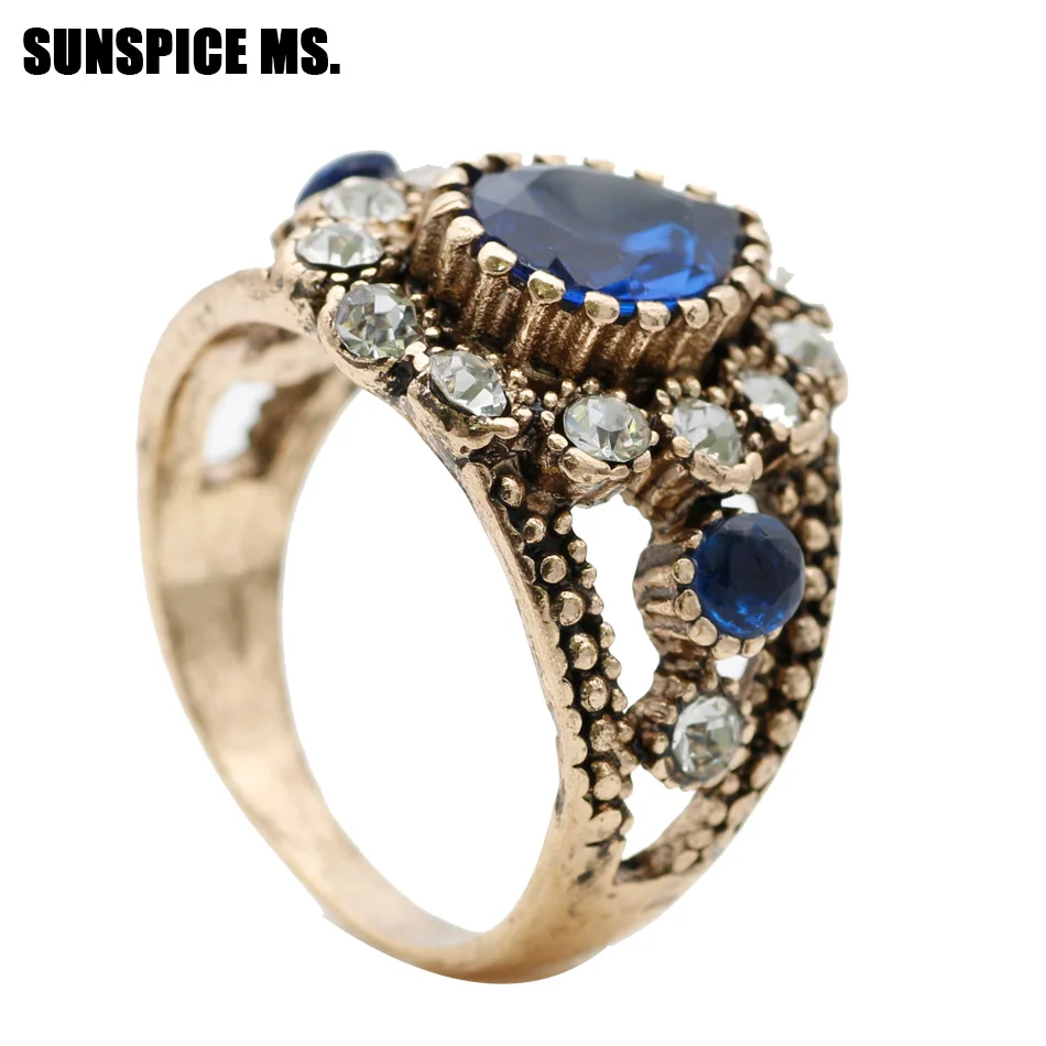 SUNSPICE MS. Turkish Vintage Ring For Women Wedding Jewelry Water Drop Resin Crystal Finger Rings Indian Retro Charm Bijoux Gift