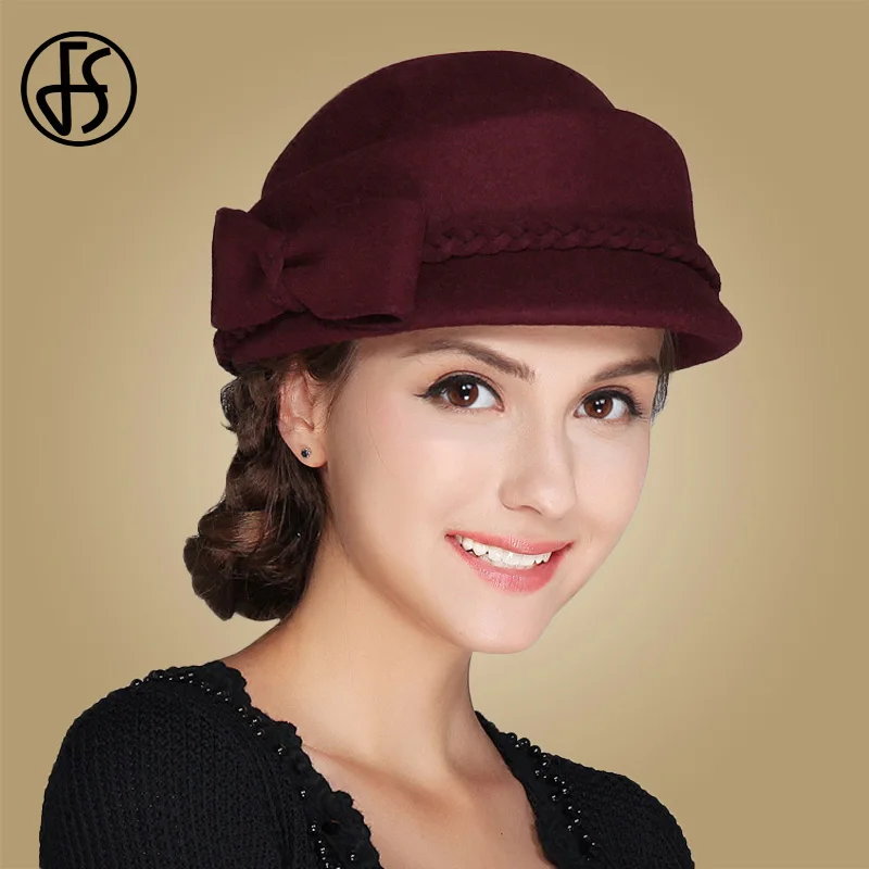 FS Elegant Women Church Black Hat Fedoras Lady Solid Color Wool Beret Caps Vintage Wine Red Hats Chapeau Femme Feutre