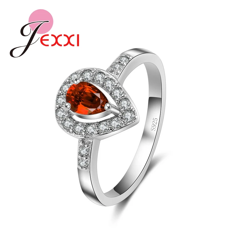 Exquisite Waterdrop Red Crystal Ring Women Birthday Gifts 925 Sterling Silver Color Fashion Rings Jewelry Wedding Decoration