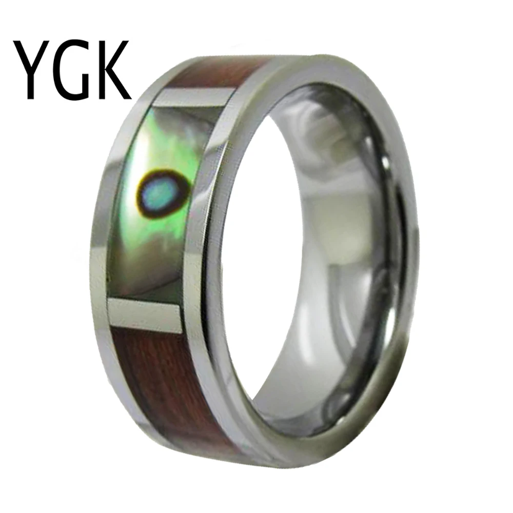 Classic Tungsten Rings 8mm Silver Wedding Bands Hawaiian Koa Wood and Abalone Shell Rings for Women Comfort Fit Rings Gift