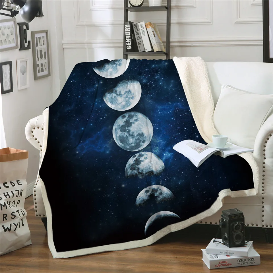 

Dark Blue Sky Moon Eclipse Changing Velvet Plush Throw Blanket Galaxy Printed Sherpa Blanket for Couch Landscape Bedding Throw