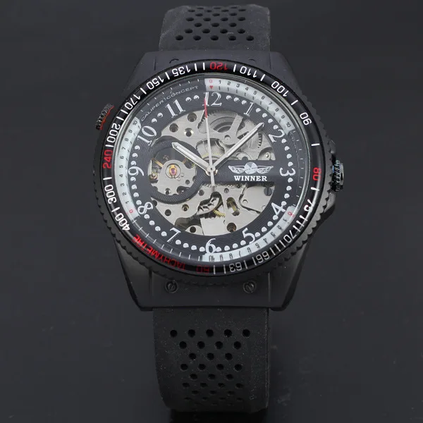 

WINNER BRAND Watches Skeleton Gear Design Chronograph Watch Fashion Male Sports with Silicone Watch Band Watch