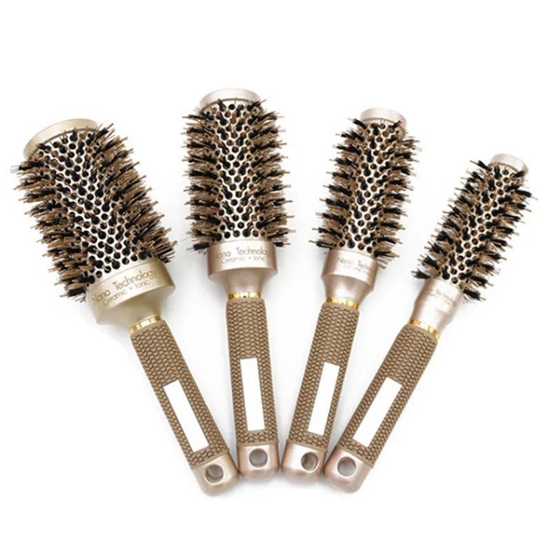 

2020 Ceramic Aluminium Hair Brush Round Comb Nylon Bristle Hair Professional Hairdressing Hairbrushes Barber Styling Comb Gold