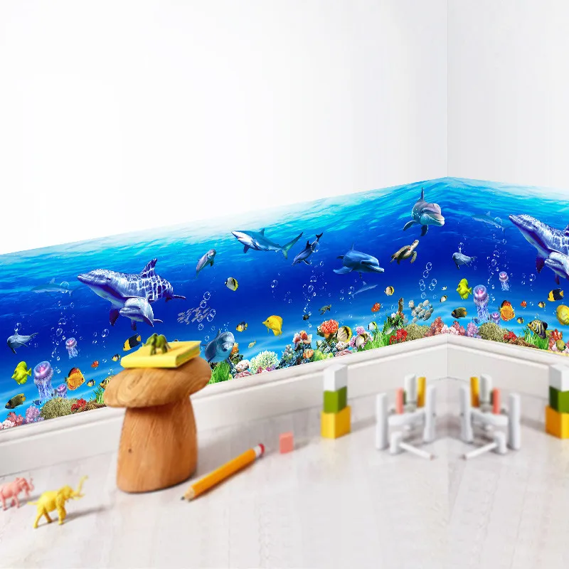 

Underwater World Baseboard Wall Stickers For Kids Rooms Fish Shark Dolphin Wall Decals Kitchen Nursery Decor PVC Mural Art