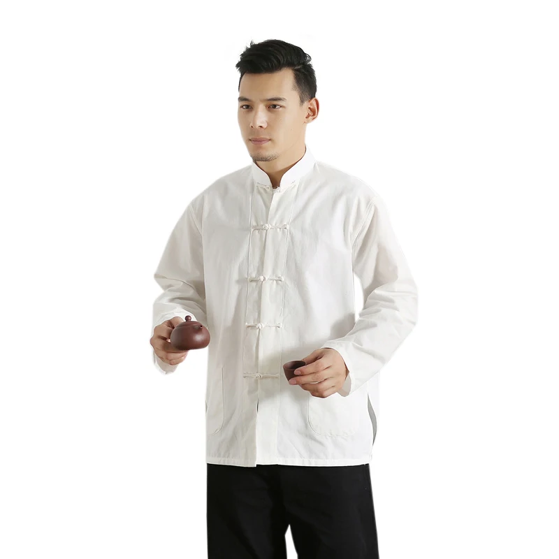 Long Sleeve Cotton Traditional Chinese Clothes Tang Suit Top Men Kung Fu Tai Chi Uniform Shirt Blouse Hanfu male pure costume