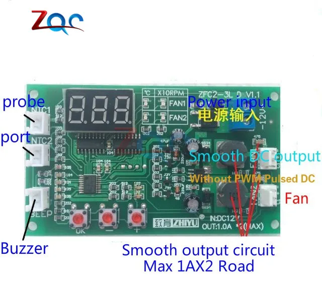 DC 12V Dual 3-wire Fan LED Intelligent Digital Temperature Thermostat Governor Motor Speed Controller Switch Module NTC Sensor