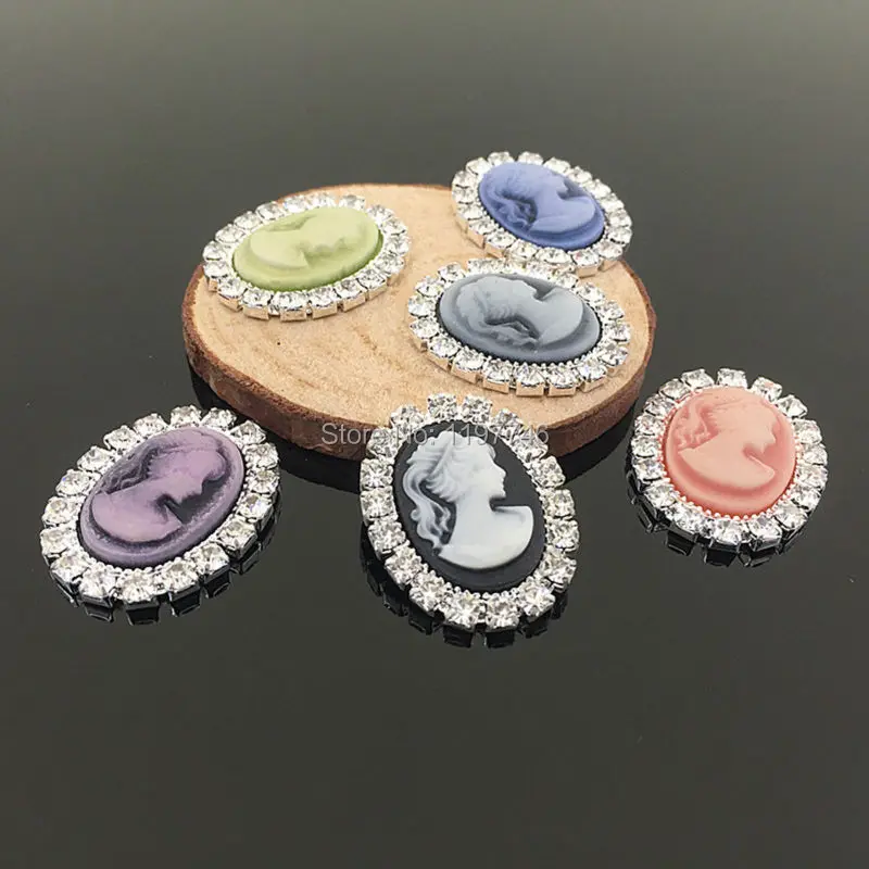 Newest Design Crystal Oval Rhinestone Setting Embellishment With Beauty Cameo Button Flat Back 10pcs 20x25mm