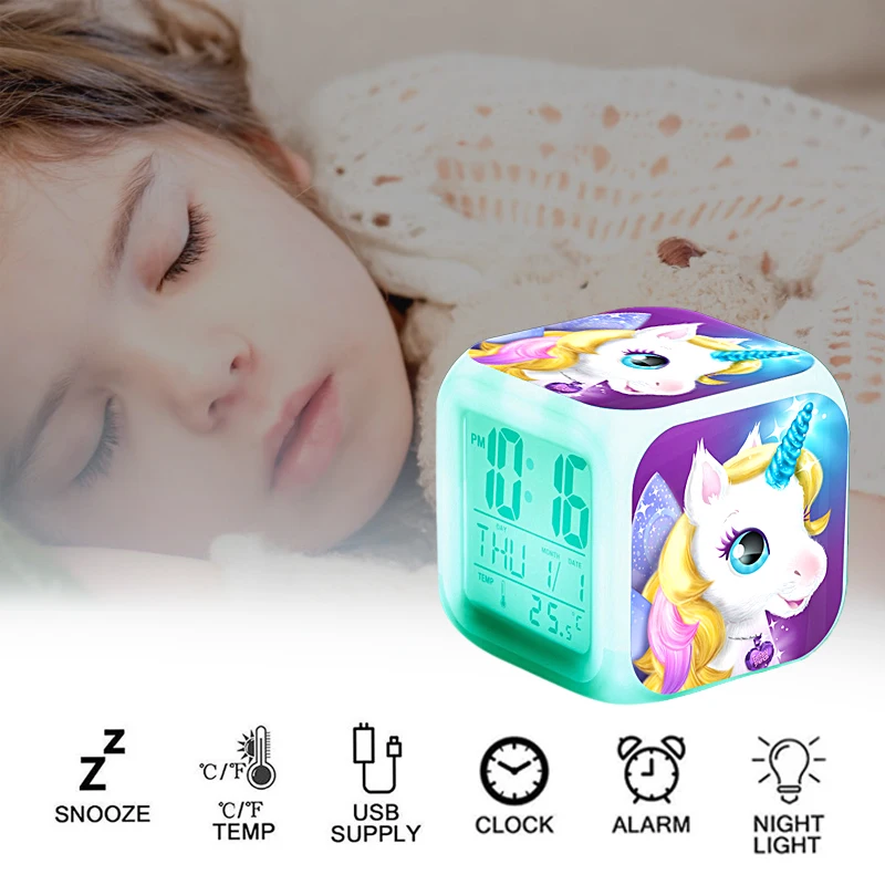 Children\'s Unicorn Alarm Clock Cartoon 7 Led Night Light Desk Clocks Date Temperature despertador Unicornio Kids Birthday Gifts