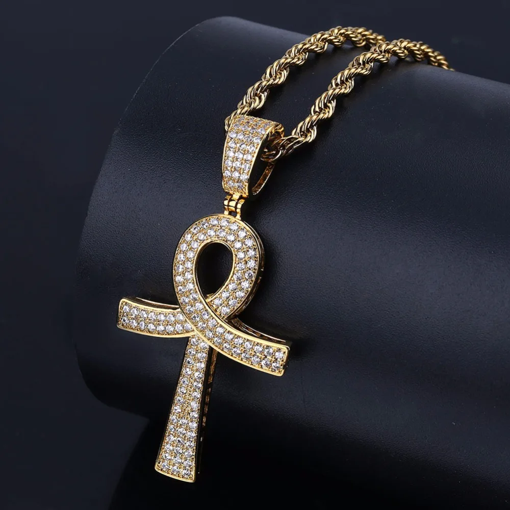 

Egyptian Ankh Key Cross Pendants Necklaces for Men Women Gold Silver Color CZ Crystal Paved Bling Ice Out Hip Hop Rapper Jewelry