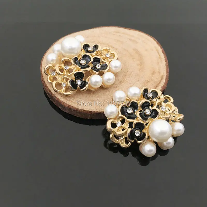 

Black Enamel Flower With Rhinestone And Pearls Button In Gold Tone Flatback Embellishment For Hair Bow Center 28x24mm 10pcs