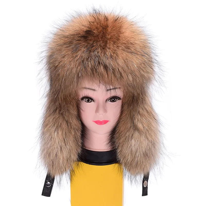 

Luxury Winter Ladies' Genuine Real Raccoon Fur Bomber Hat Leather Cover Women's Fur Cap Headgear VF7028