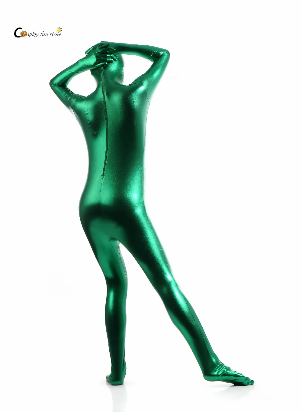 La tuta di spedizione gratuita metallic Shiny Green Catsuits Unitard da donna con cerniera con piedi metallici Zentai body può personalizzare