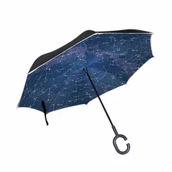 Constellation Universe Galaxy Space Stars Reverse Umbrella Rain Women Double Layer Windproof Inverted Car Umbrella Long Handle