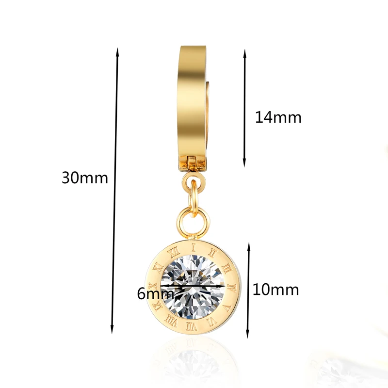 New Titanium Steel High Quality Beautiful Roman Numeral Gold Color Inlaid 6mm Drop Earrings For Women Best Earring Jewelry Gift image 6