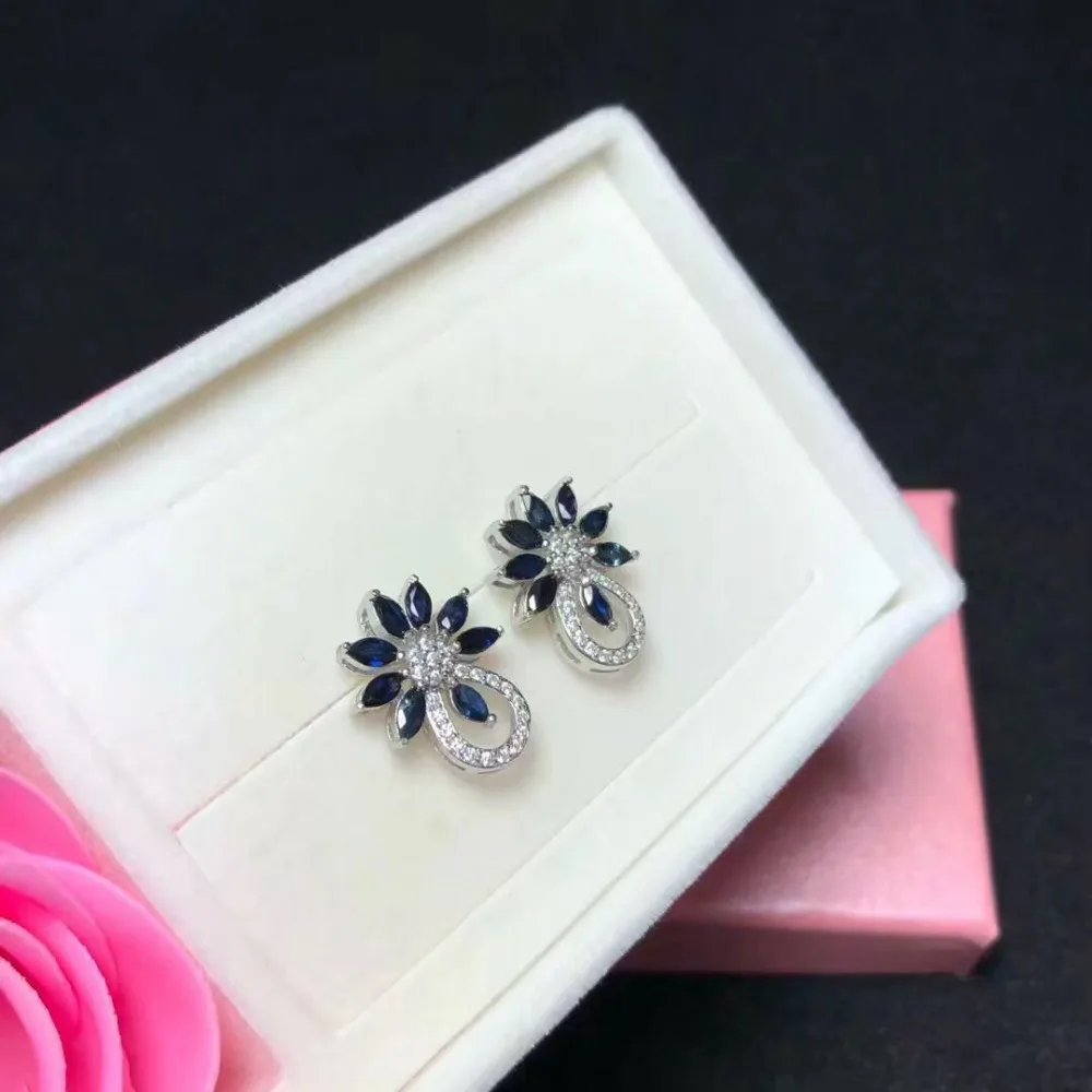 2018 new fashion sapphire earrings 100% natural dark blue stud earring for woman 925 solid sterling silver jewelry gift for girl