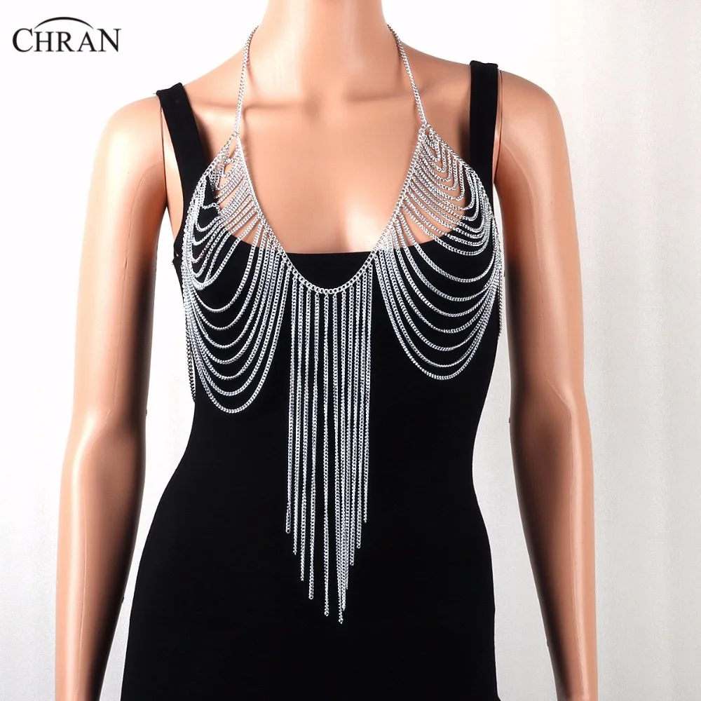 Chran Luxury Fashion Sexy Bikini Lingerie Bra Top Body Chain Beach Slave Harness Metal Tassel Necklace Bodychain Jewelry