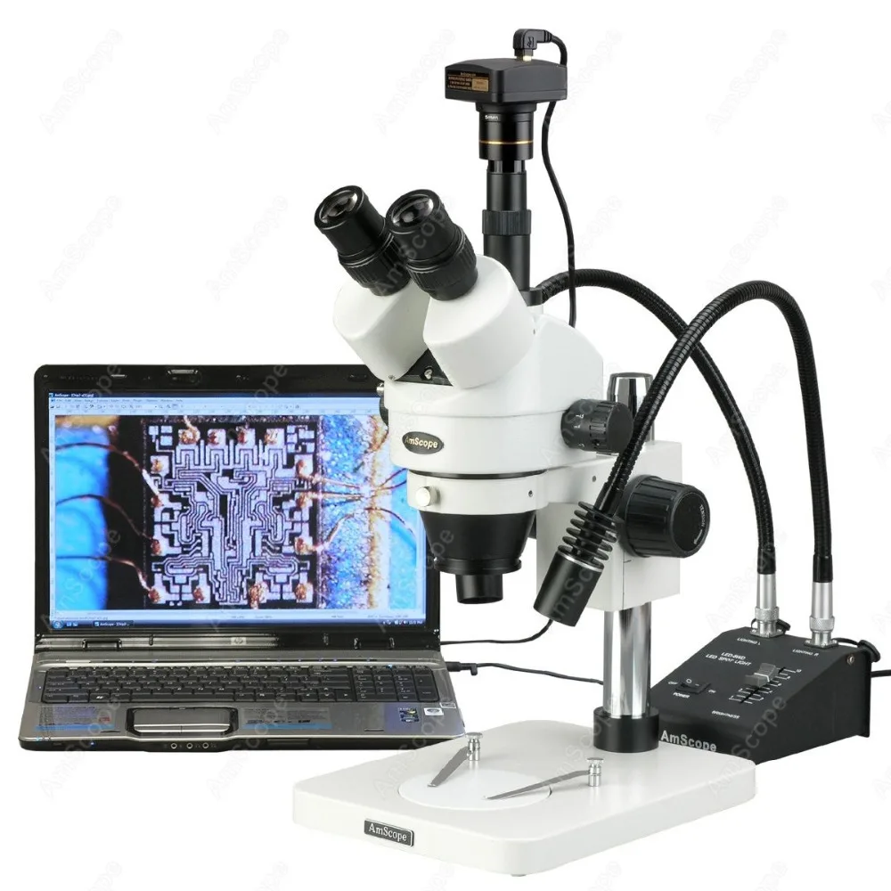 

AmScope Digital Zoom Trinocular Stereo Microscope 3.5X-225X on Pillar Stand + Gooseneck LED Lights + 5MP Camera