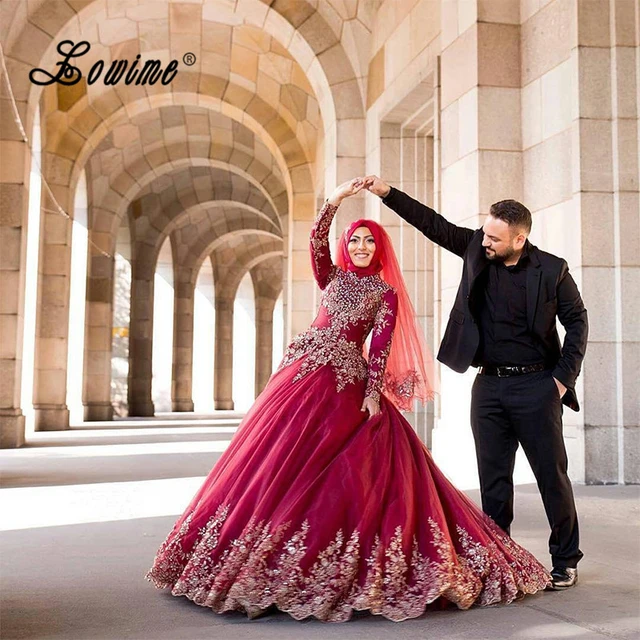 New Arrival Wedding Dresses Turkey Women Lace Gelinlik Ball Gown Gold Lace Applique Bridal Gown Red Muslim Wedding Dress Custom Wedding Dresses AliExpress