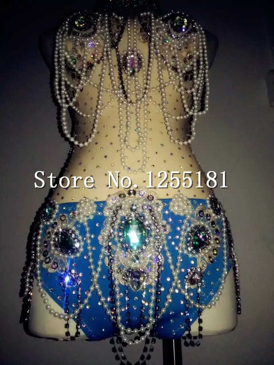 Leotardo de Bikini con cadenas de diamantes de imitación para mujer, traje brillante de una pieza, monos azules con lentejuelas, trajes, ropa de discoteca para baile de escenario