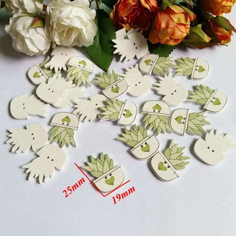 New 50PCs Mixed 5 Style 2-Hole Wooden Buttons Potted cactus Pattern Fit Sewing DIY Scrapbooking Accessories botones decorativos