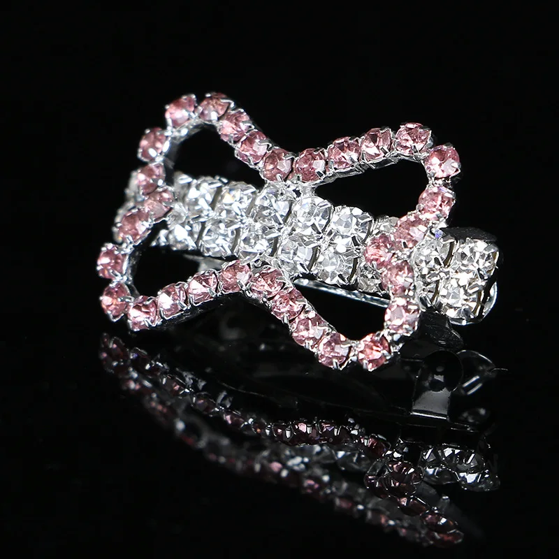 New 6Pcsx  30x20mm Pink clear rhinestone dog bone bow hearts pet girls OR lady hair ornament barrette accessories