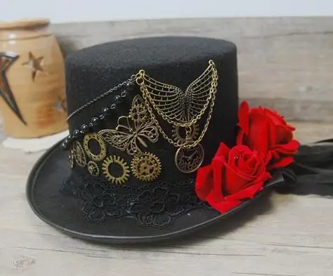 Vintage Stunning Unique Steampunk Top Hat Black Gears Lace Veil Rose Wings Chain Hats Party Accessories