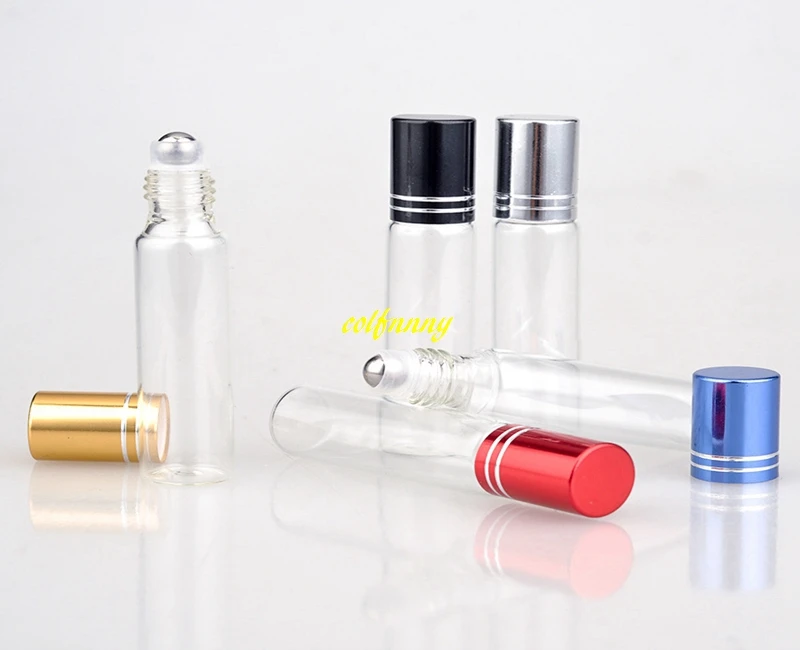 2000pcs/lot Fast shipping 10ml Clear Stainless steel Roll on Bottles 10CC Essential Oils Glass Roller Bottle 5 Colors