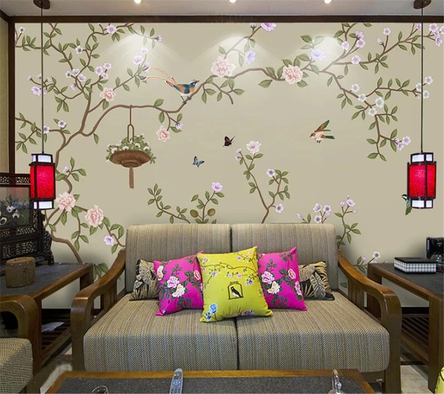 Custom wallpaper 3d photo mural new Chinese hand-painted flowers and birds TV bedroom wall hand-painted plum mural 3D wallpaper