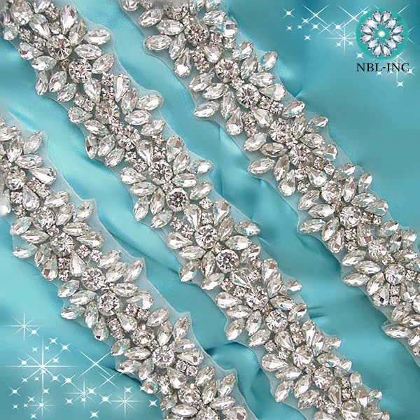 

(5 YARDS)Wholesale silver bridal beaded crystal rhinestone applique trim for wedding dress sash belt WDD0278