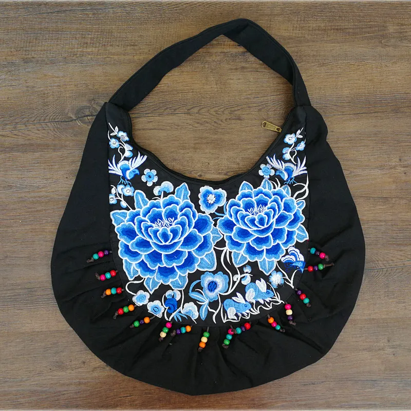 Large women bags National style embroidered black canvas bag handmade beaded Shoulder bags Luxury tote bag