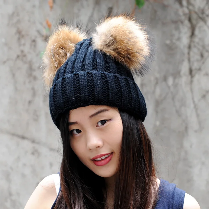 

CX-C-113C Winter New Colorful Snow Caps Wool Knitted Beanie Hat With Two Raccoon Fur Pom Poms For Women Men Skullies Cap