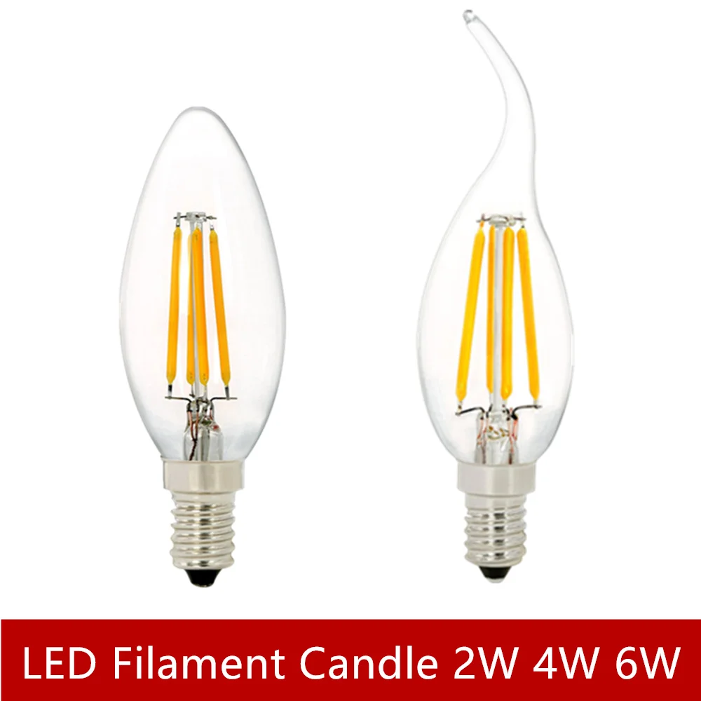 

4pcs/Lot LED Filament Candle Bulb 2w 4w 6w C35 warm white glass flame Tip 220V E14 Base 2700K for living room bedroom decoration