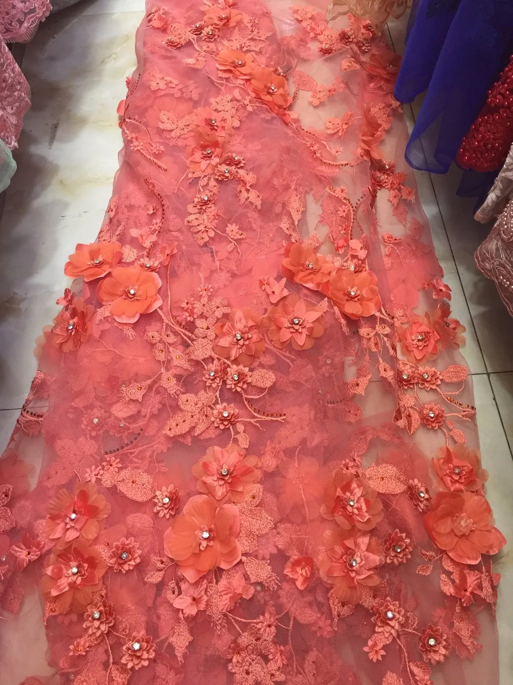 5yards NE014  good quality nice orange 3d FLOWER  embroidery Tulle lace fabric for evening dress/wedding