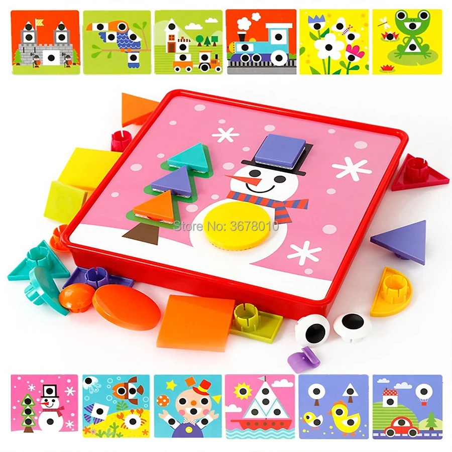 Creative geometry mushroom stud assembly board toy.Geometric combination of plywood toys with 12 pictures,22 geometric buttons