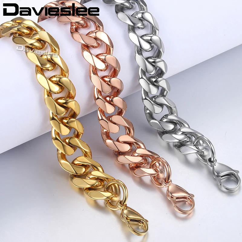 Davieslee Bracelets For Men Rose Gold Silver Color Curb Cuban Link Chain Stainless Steel Men Bracelet 2018 Jewelry 14mm LKBM25