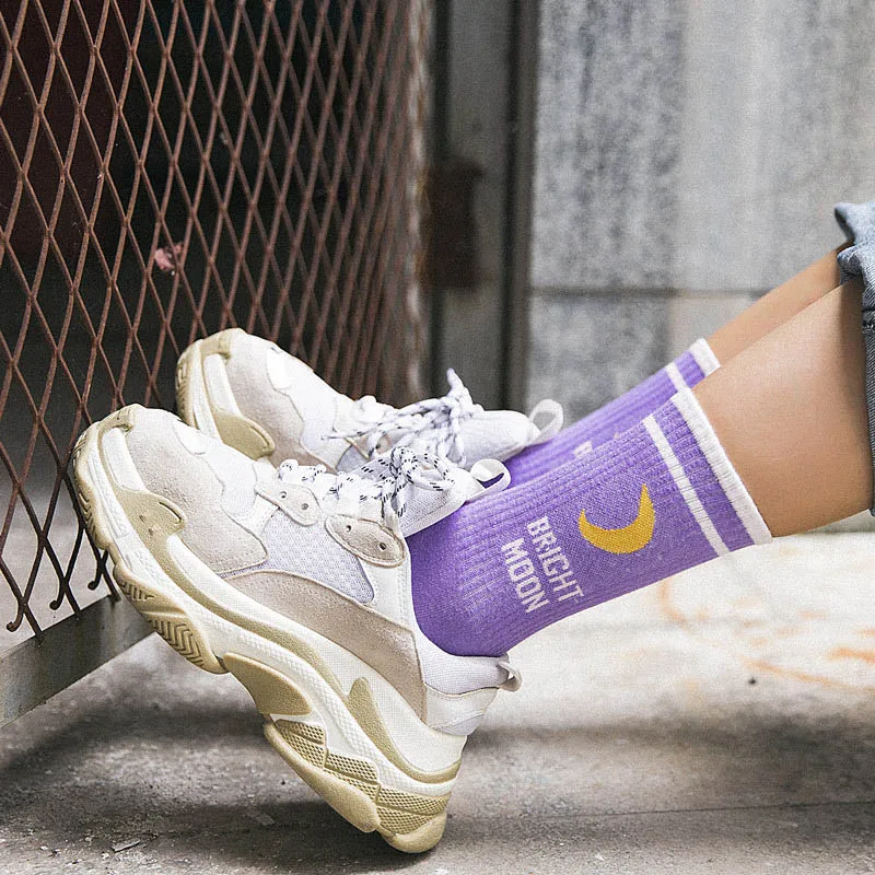 Bright Korean Moon Cotton Socks Harajuku English Letter Sock Woman Socks Fun Hip Hop Skateboard Crew Sokken