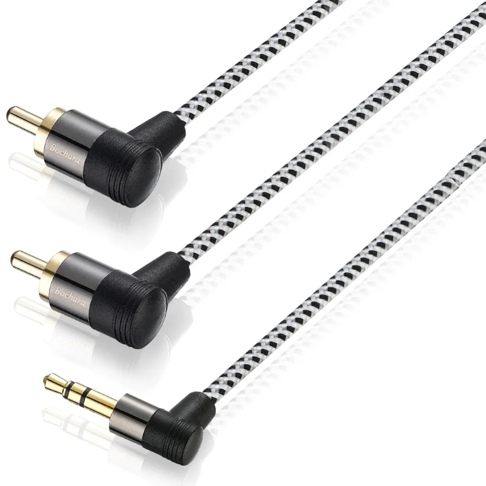 Bochara Braided 90degree 3.5mm jack to 2RCA OFC Audio Cable Gold Plated For Speakers Amplifier Mixer 30cm