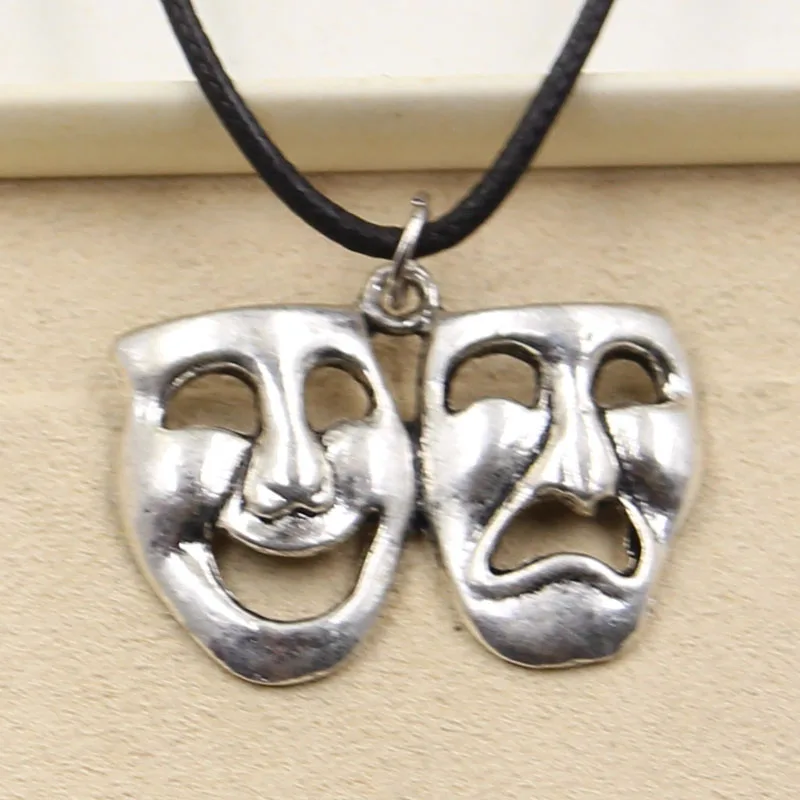 New Fashion Tibetan Silver Color Pendant Smile Cry Mask Necklace Choker Charm Black Leather Cord Factory Price Handmade Jewelry