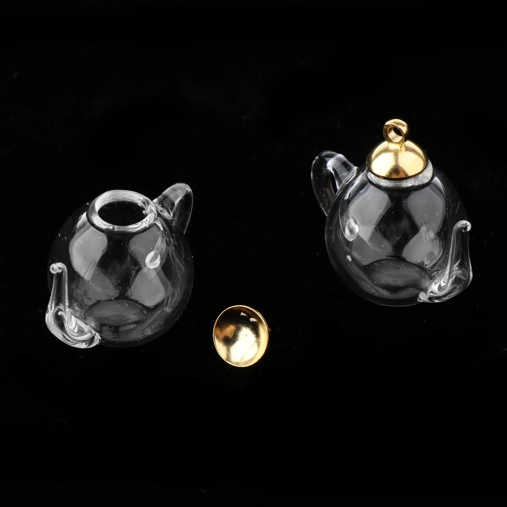 2 Pcs Mini Teapot Empty Glass Wishing Cap Bottles Vial Pendant Charms DIY Necklace Pendants Fashion Jewelry Making