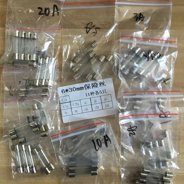 6*30 Fast Quick Blow Glass Tube Fu se Assortment Kit, 6x30MM,0.1A 0.75A,0.5A 1A 2A 3A 5A   8A 10A 15A 20A/250V Free Shipping IC