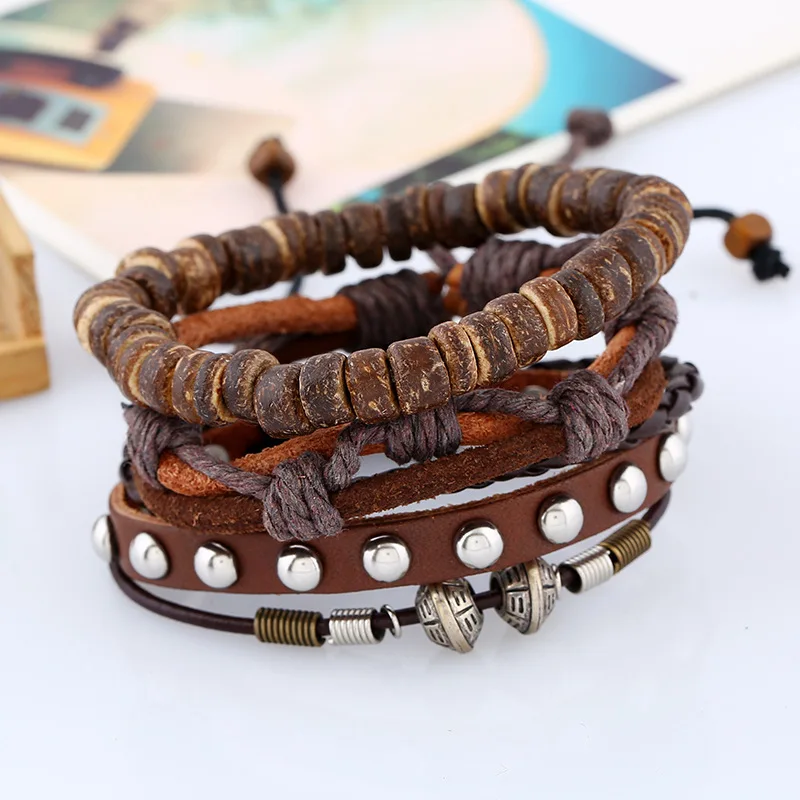 3 Pcs/Set Vintage Multi-Layer Men Bracelet Fashion Wood Beads Wax Line Rivet Bangle Women Male Adjust Pulseras Cuff Jewelry Gift